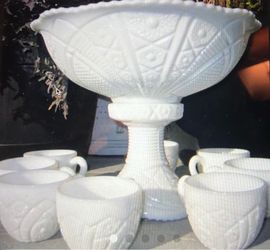 Milk Glass punch bowl, stand, and 8 glasses