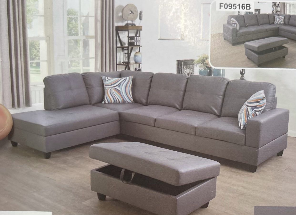 Grey Leather Sectional Couch And Ottoman