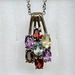 Beautiful Brand New Multi Gemstone Floral Pendant Necklace - 20"