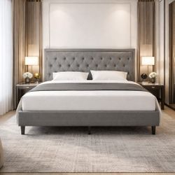 King bed Upholstered Platform Bed Frame with Adjustable Headboard, Button Tufted, Wood Slat Support, Easy Assembly, Light Gray