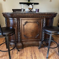 Elegant Solid Wood Home Bar + 2 Swivel Bar Stools