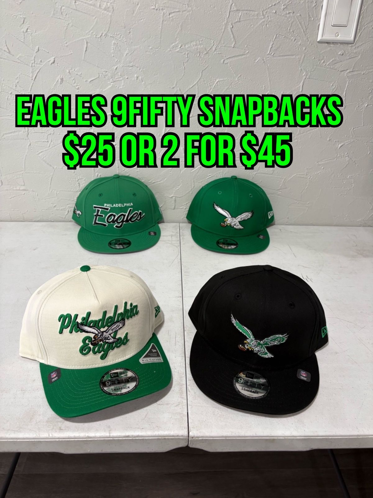 NFL New Era Philadelphia Eagles, Kelly Green, Black, And Off-White 9fifty And 9fifty A Frame SnapBack Hats