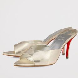 CHRISTIAN LOUBOUTIN MISS Z MULE 80 METALLIC LIGHT GOLD LEATHER SANDAL SZ 38 NEW!