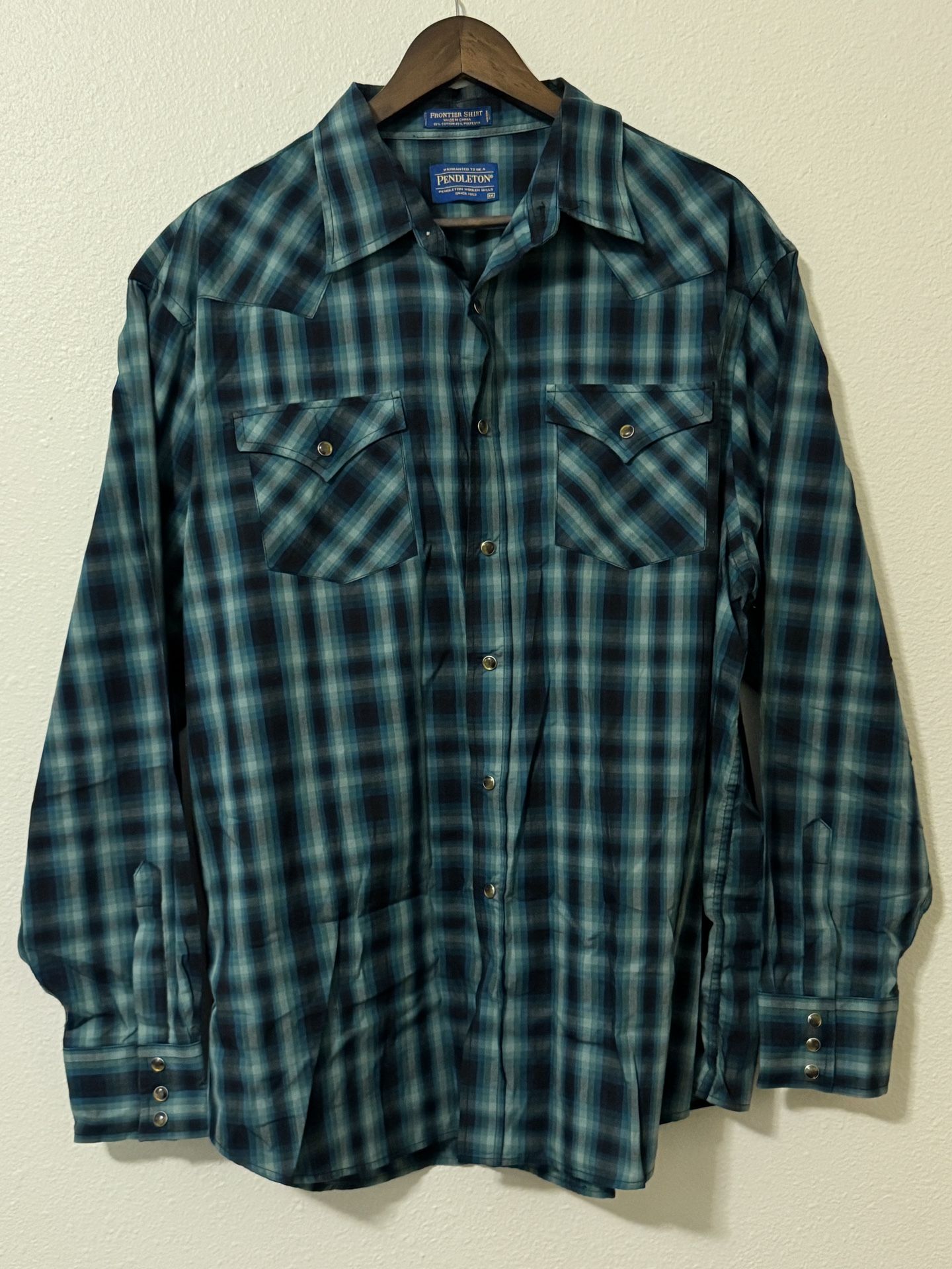 Pendleton Frontier Pearl Snap Shirt Men's XXL Western Long Sleeve Plaid Blue