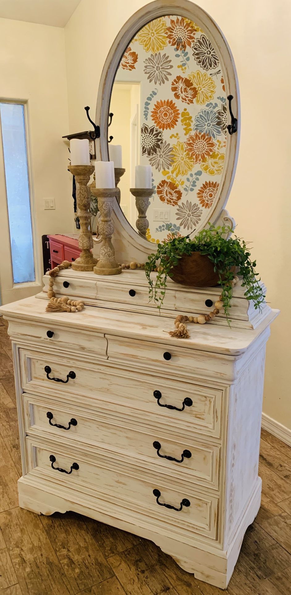 Farmhouse/ French Country Cottage/Cottage Entryway Buffet/ Dresser With Mirror Heavy Distressed With 8 Drawers