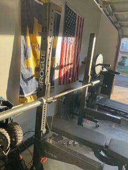 Rogue Monster Squat Rack, Rep Fitness Bench and Bumper Plates