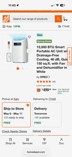 12,000 BTU Smart Portable AC Unit wil Drainage-Free Cooling, 46 dB, Quie Live Chat 150 sq.ft. with Fan and Dehumidifier in white (sealed)