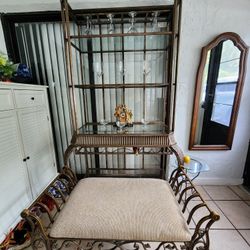 Metal & Glass Bar Shelf Set w/ Bench + Accent Table – Wine Rack / Entryway Setup