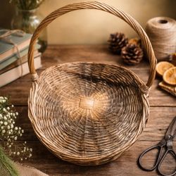 Pottery Barn Wicker Gathering Basket With Handle Rustic Farmhouse Storage