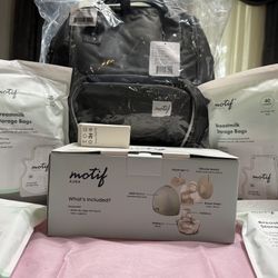 New Motif Aura Breast Pump Kit & breast milk storage bags & breast pump backpack. Motif Aura Breast Pump Kit