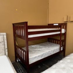 Cherry Twin Twin Bunk Bed with Mattresses