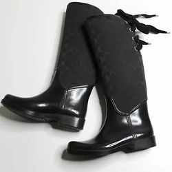 Coach Designer Tristee Black Signature Print Round Toe Rain Boots Size 9 B