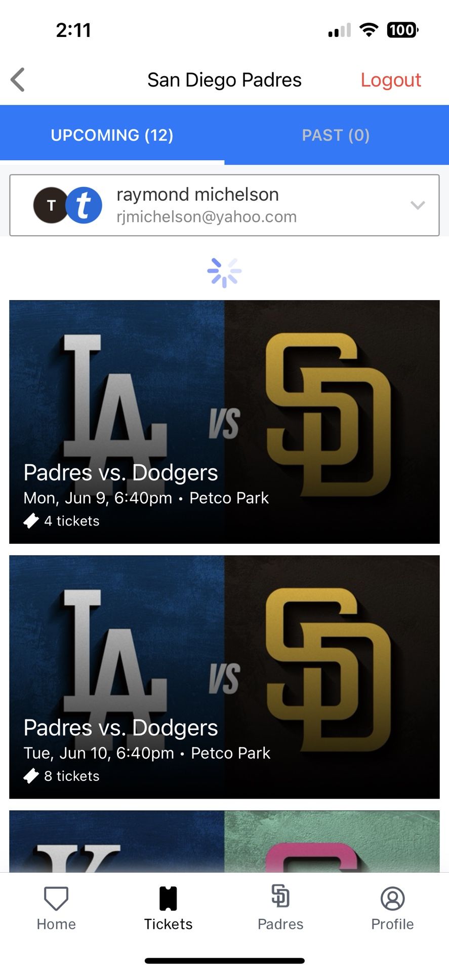 Monday June 9 LA Los Angeles Dodgers @ San Diego Padres 6:40pm Petco Park Up To 6 Together