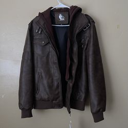 Brand New - Size Medium - Saddle Brown Synthetic Leather Jacket with detachable hoodie