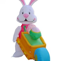 Easter Inflatable Rabbit Pushing Wheelbarrow with Eggs Decorations