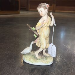 Lefton China Figurine of Girl Playing w/ Duck Hallmarked