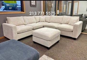 Stylish‼️4-Pc Ivory Corduroy Sectional Sofa With Ottoman