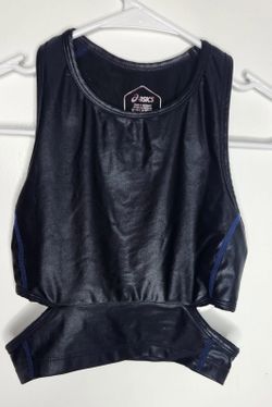 ASICS D1 Womens Crop Top XS Black Blue Athletic Shirt Running Gym Racerback Tee