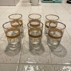 Vintage Retro MCM SET 6 JUICE WATER Tumbler GLASSES 3-1/2 X 2-1/4" GOLD BAND RIM