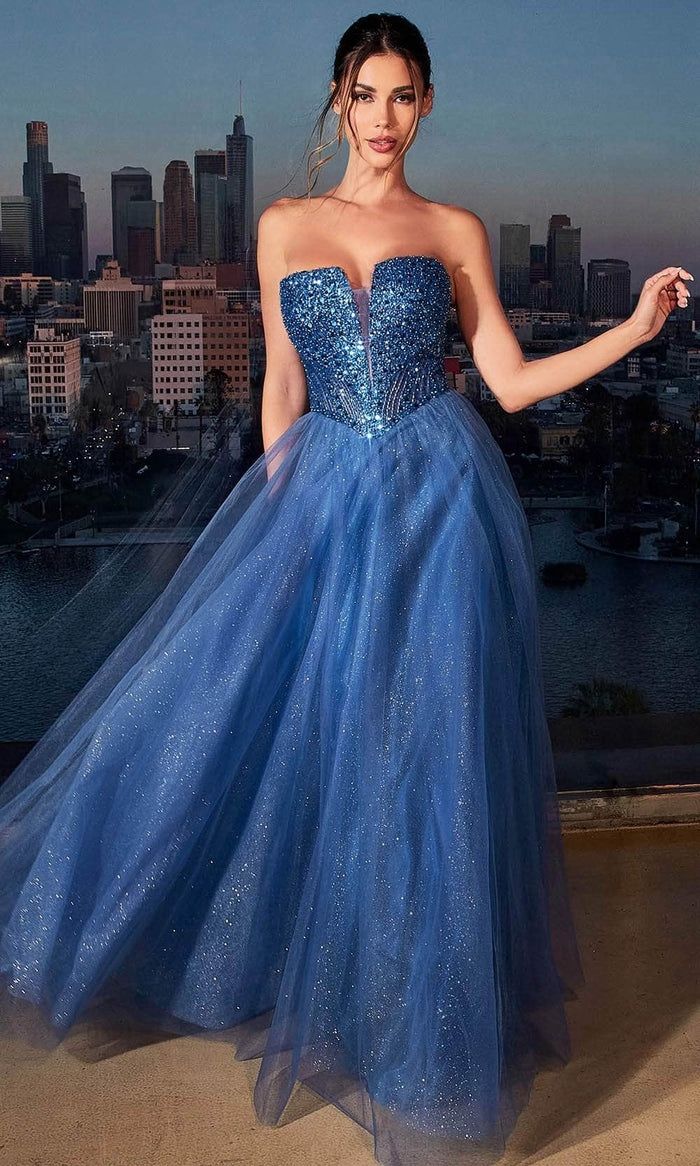 Cinderella Prom Dress Deep Blue Glitter Tulle Corset