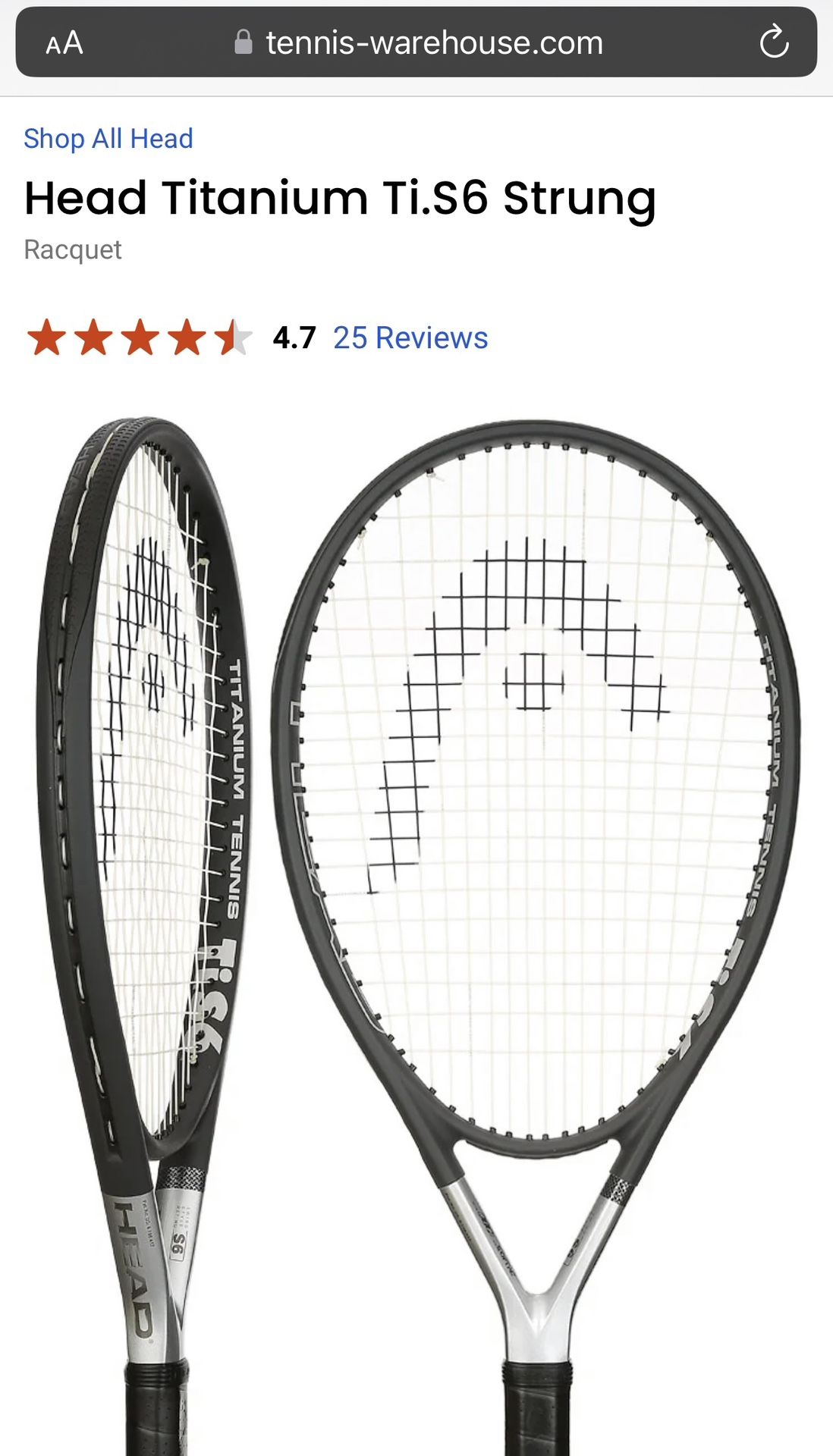 $109 HEAD Ti.S6 Tennis Racquet (100% New) TiS6 Ti S6