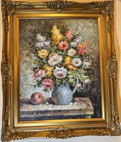 Original Oil Painting by T. Denver – Floral Still Life on Canvas – Framed Wall Art