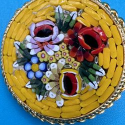 Micro Mosaic Flowers In Bright Yellow Background Brooch Made In Italy Good Condition 