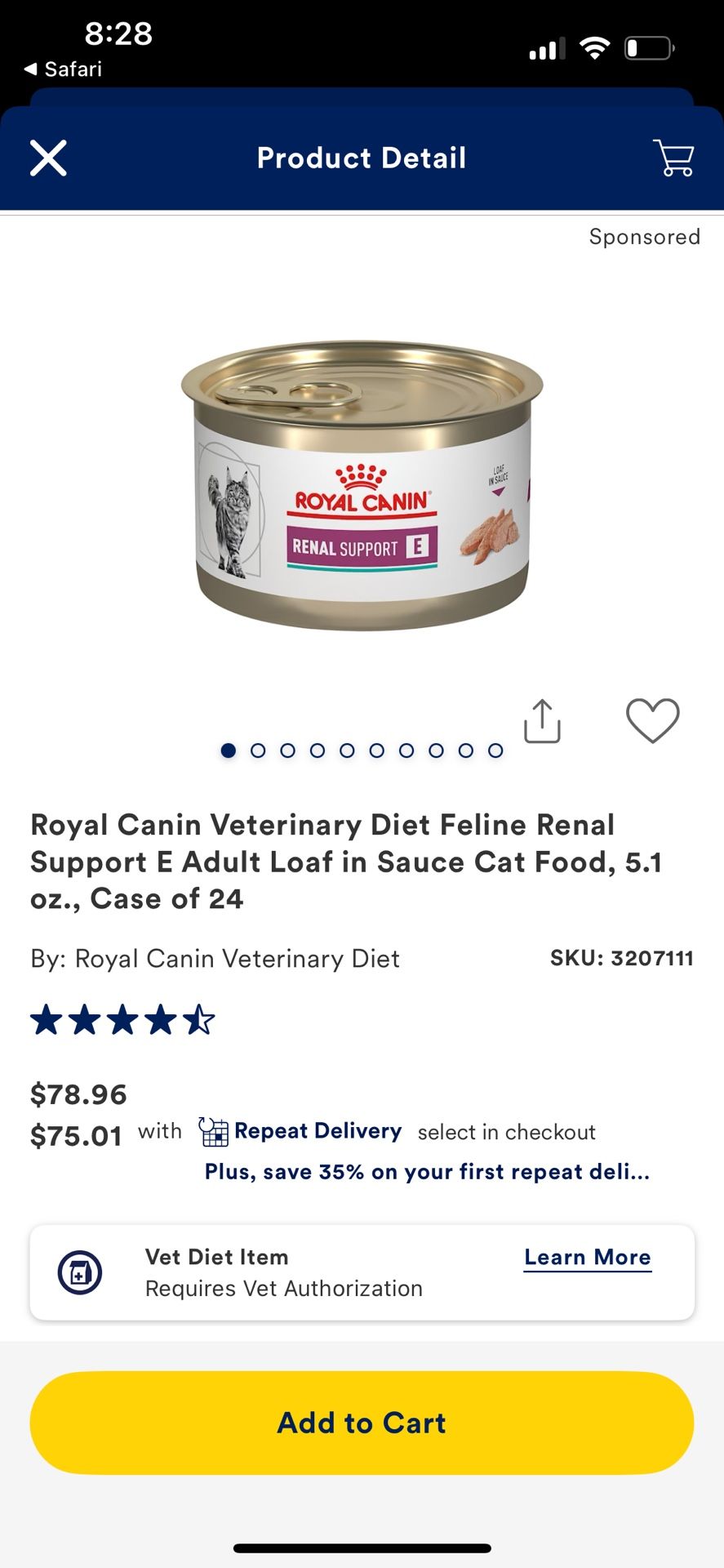 Royal Canin Veterinary Diet Adult Renal Support E Loaf in Sauce Wet Cat Food, 5.1-oz, case of 22