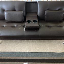 LuxuryGoods Modern Faux Leather Futon With Cupholders And Pillows