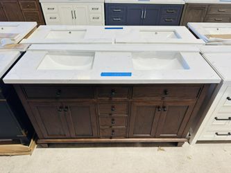 60” Bathroom Vanity in Brown color , double sink soft close solid wood with vanity top in white  $849 