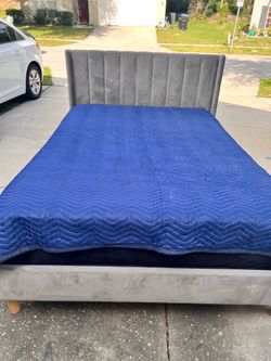 Queen bed  gray velvet and mattress