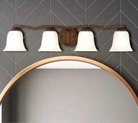 New Vanity Light for Bathroom, 4 Lights, Bronze, 32” X 6.25”, Satin Etched Glass Shades. Retail about $150.