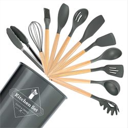 Silicone Kitchen Utensils Set - 9 Piece Natural Wood Handle Cooking Tools Turner Tongs Spatula Spoon for Non-Stick Cookware (Mint Green)