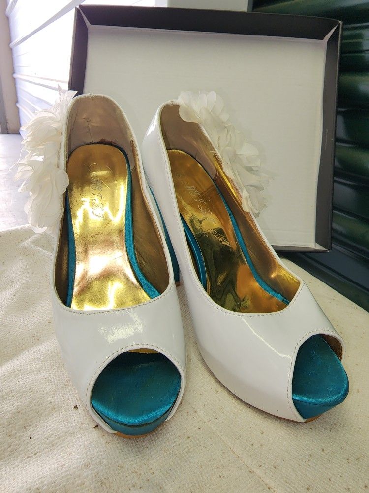 White & Teal High Heels