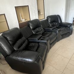 Black Leather  3 Seat Recliner 