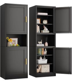 67" Tall Narrow Bathroom Storage Cabinet, Metal Pantry Cabinet, Black Freestanding Slim Kitchen Pantry Organizer with 2 Doors & 4 Adjustable Shelves f