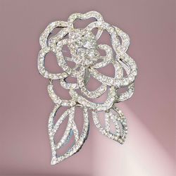 Vintage 2000s Statement Crystal Rose Flower Brooch Silver Tone, NWT, 3x3.75”