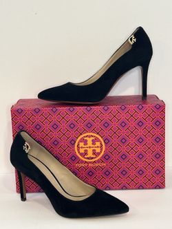 Tory Burch Elizabeth 85 mm Pump Pointed Toe Black Suede  Stiletto Heels Size 6.5