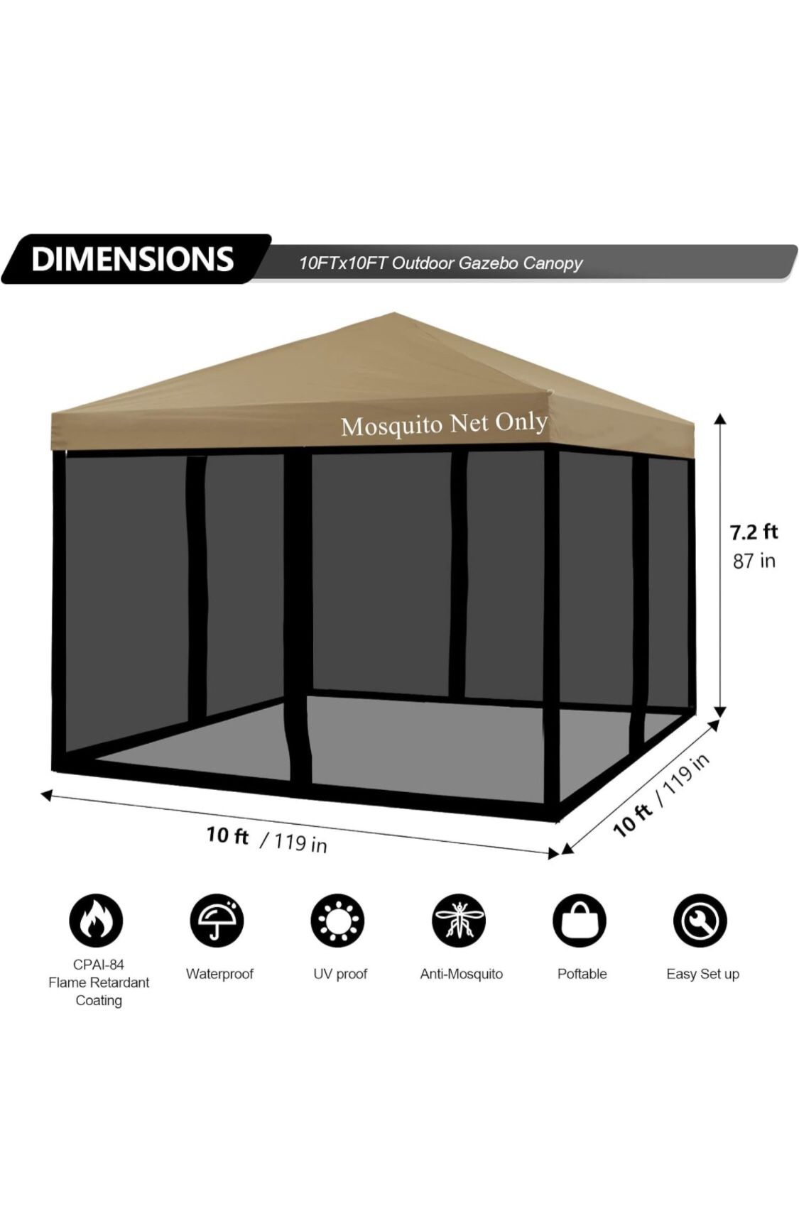 Mosquito Net with Zipper for Outdoor Camping DIY Canopy Screen Wall Outdoor Mosquito Net for 10 x 10' Patio Gazebo and Tent (Only Mosquito Net Outdoor