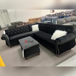 Modern Black Velvet 4 Pc Sectional Sofa With Ottoman  // Limited Time Offer 