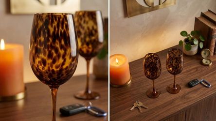 Exquisite Pair of Amber Tortoiseshell Pattern Wine Glasses - Long Stems, pristine condition