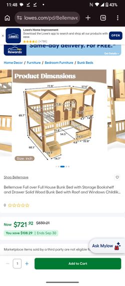 Bunk beds Full Over Full with Slide, Ladders, Bookshelf and Wardrobe House with a roof Design, Low bunk/loft Bed for Kids