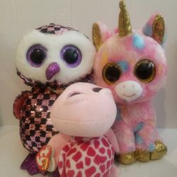 Ty Beanies Lot Of 3 Fantasia Unicorn,Shelby Turtle,Checks Owl. O