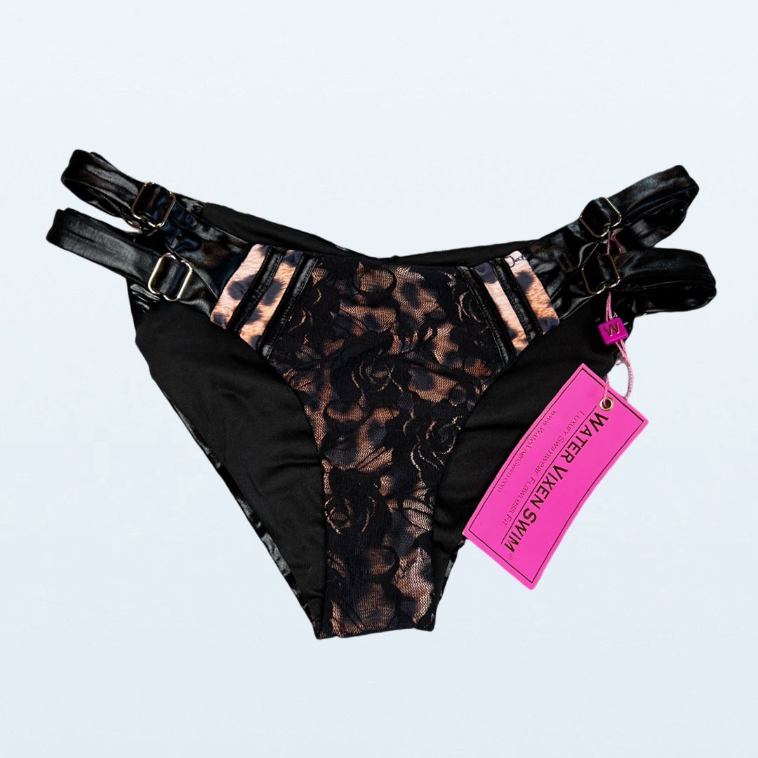NWT Water Vixen Swim Marilyn Leather + Lace Bikini Bottom, Size Large