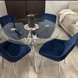 Round Modern Glass Dining Table Set with 4 Blue Velvet Chairsi