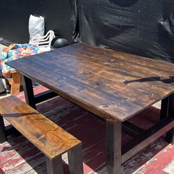 Rustic Handmade 6ft Dining Table with Two Benches – Solid Wood – Farmhouse Style