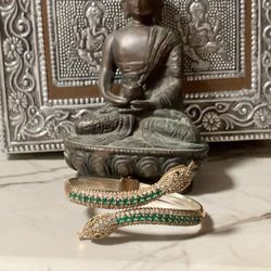 Double-Headed Snake Silver Antique Style European Bracelet Encrusted With Emerald Topaz 