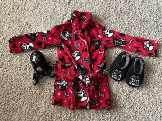 Darth Vader Star Wars robe with slippers and a Darth Vader stuffed toy