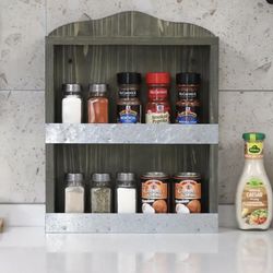 Gray Wood 2 Tier Spice Jar Holder Rack, Seasoning And Condiments Storage Shelves