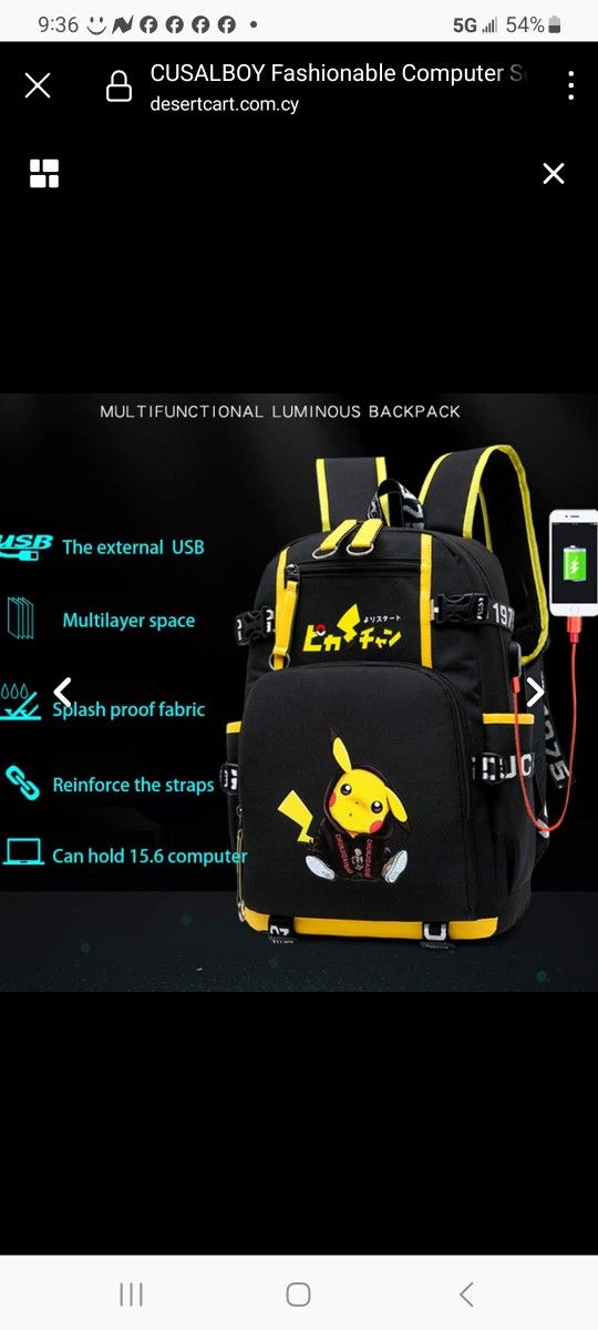 CUSALBOY Fashionable Computer School Backpack with USB Port,Travel Business Work Backpack Cartoon Luminous Pattern Pikachu Backpack (Cute), Large, XB-